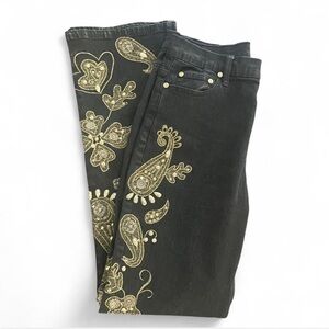 Vintage Y2K Black Denim Jeans Gold Paisley Rhinestone embellished. Size 4